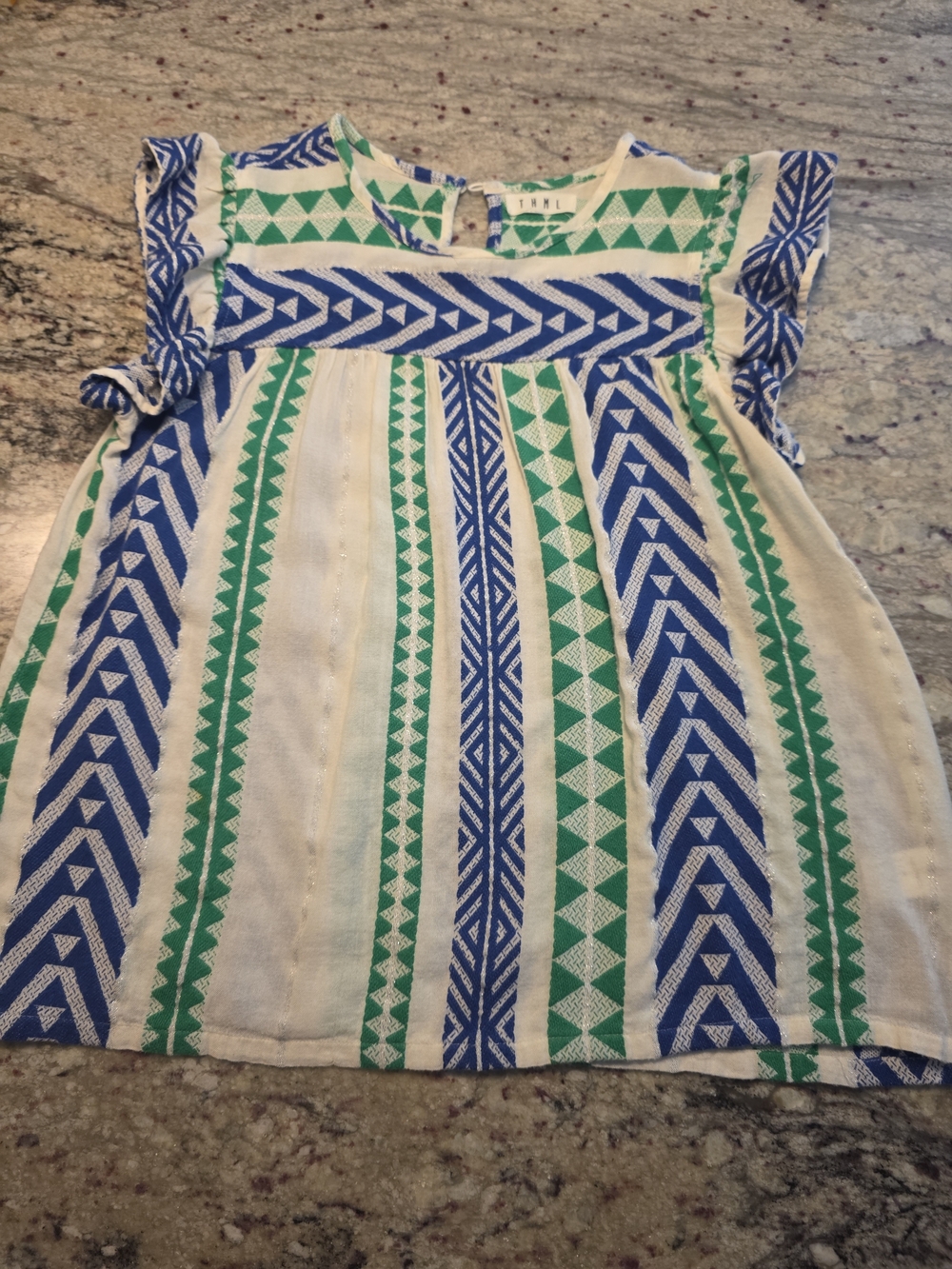THML Blue and Green Geometric Flutter Sleeve Top Size M